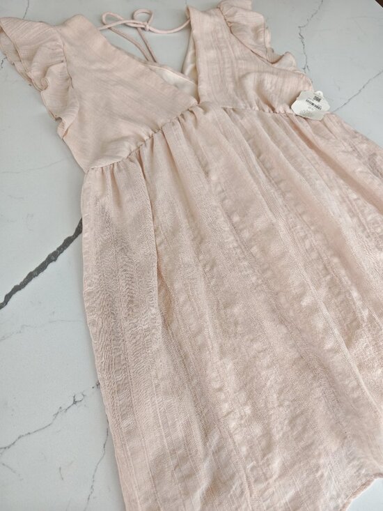 Altar’d State Blush Pink Textured Mini Dress ✨ Ruffle Sleeve Boho Babydoll Tie B - Picture 4 of 10